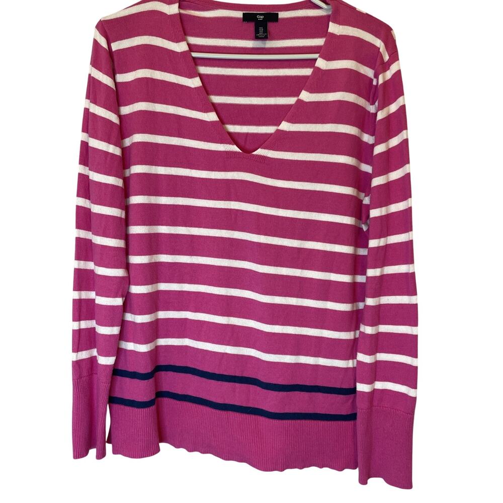Gap L - Women’s V-neck Top Pink With While & Navy Stripes - Nautical/classic